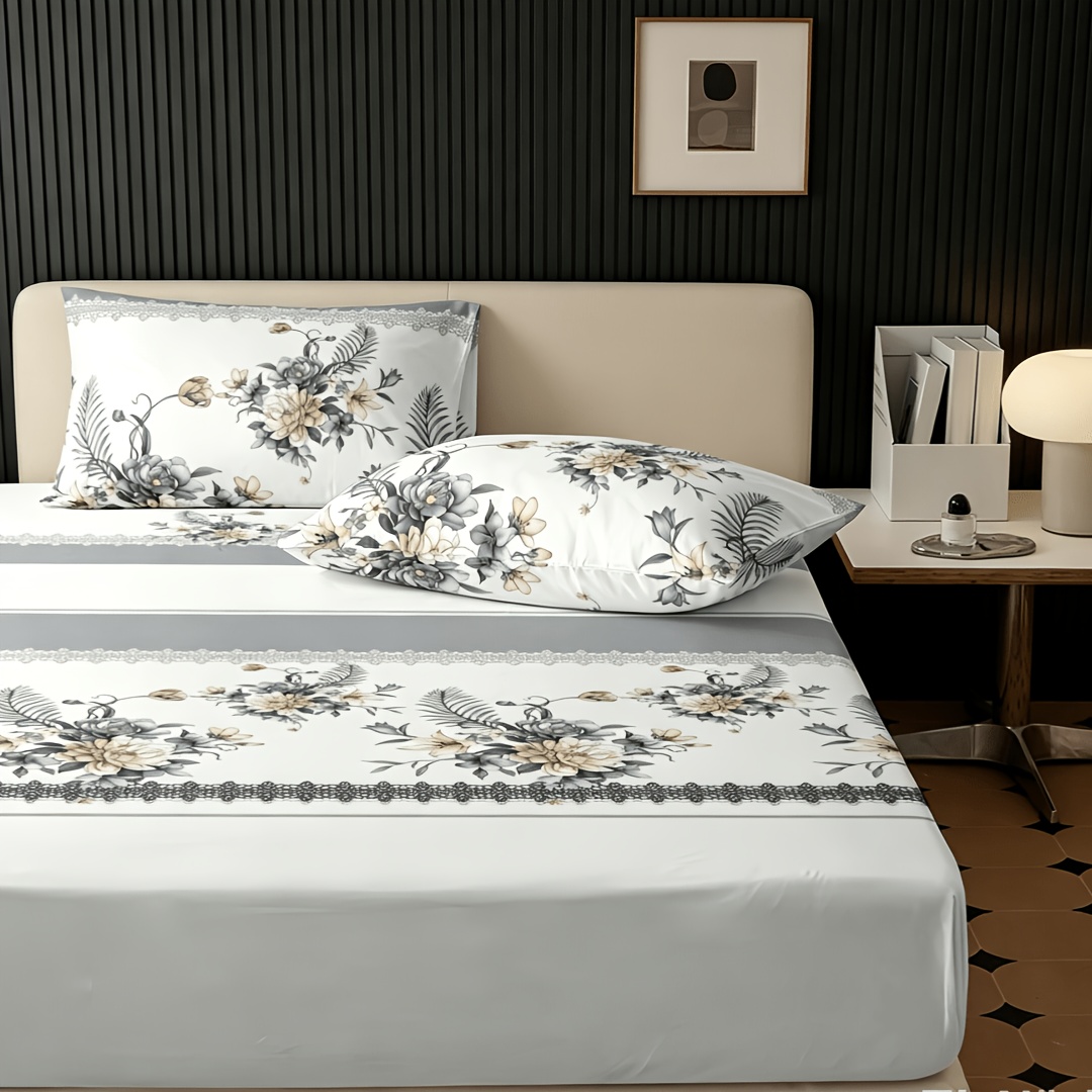 100% Polyester Fitted Sheet, Luxury Gray-tone Lace Floral Print, , Non-slip, Machine Washable