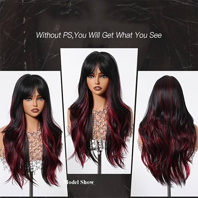 Black Highlight Red Synthetic Wig Long Wavy Black Blend Red Wig With Bangs For Punk Adult Halloween Costume Cosplay Colored Wig