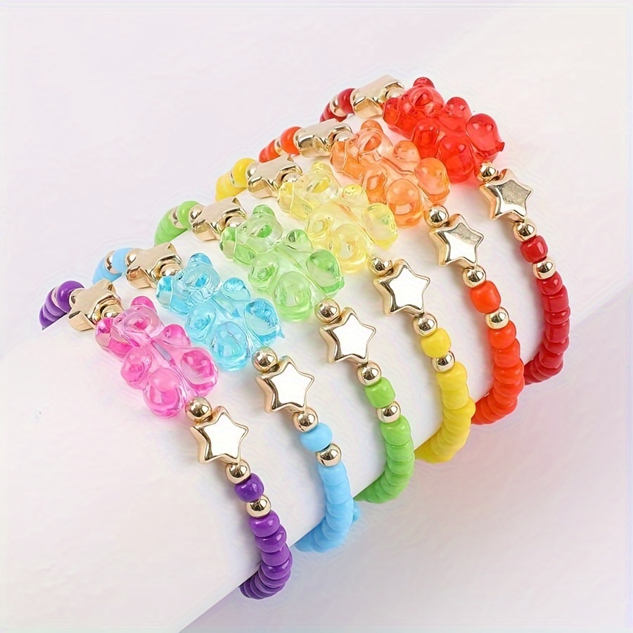 

6-piece Cute Acrylic Rainbow Colored Bear & Star Beaded Bracelets For Female, Daily Wear, Holiday Style, Assorted Colors, Fashion Jewelry