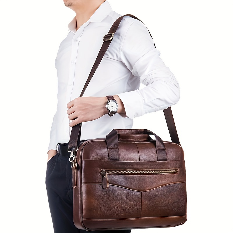 

Premium Men's Genuine Leather Business Briefcase - Large Capacity, Cowhide, With Shoulder & Crossbody Strap, Multiple Compartments For Travel And Work, Leather Briefcase