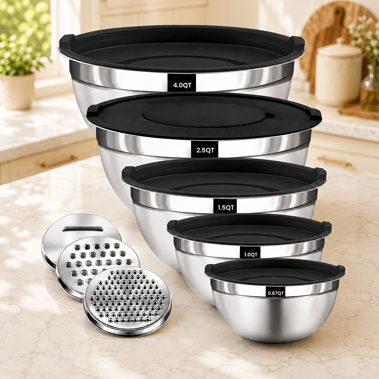 TEMU Mixing Bowls With Airtight Lids, 8pcs Stainless Steel Bowls Set, 3pcs Grater Attachments, Size 4, 2.5, 1.5, 1, 0.67qt, Great For Mixing And