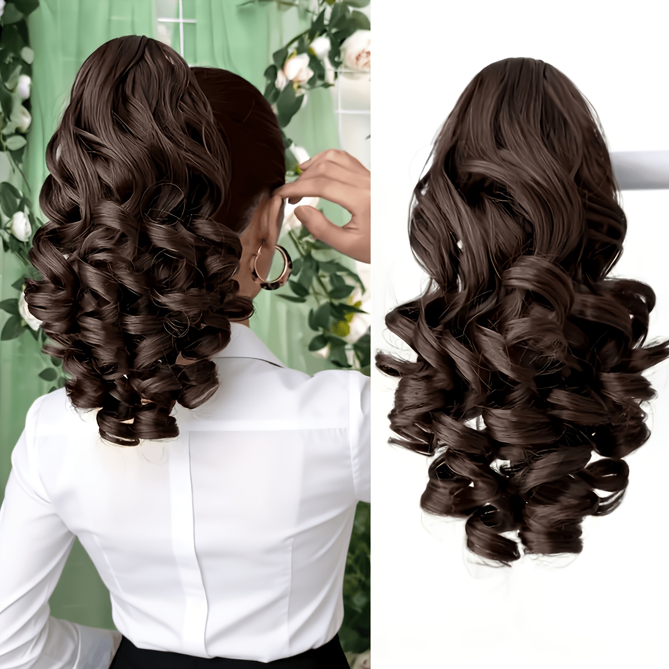 TEMU Klauw-Vormige Paardenstaart Hair Extension, Donkerbruin, -Zwart, Zwart, Optioneel, 14 Inches Lang, Krullend Golvend, Hittebestendige Fiber