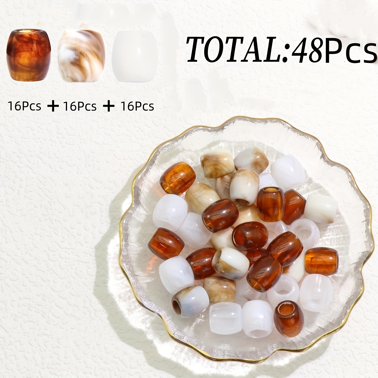 E-shop 48 Stk./Packung Hochwertige Braune Weiße Acryl Loc Beads mit Großem Loch, Lange Haar Flechtzubehör, für Haarzubehör Armbänder Schlüsselanhänger