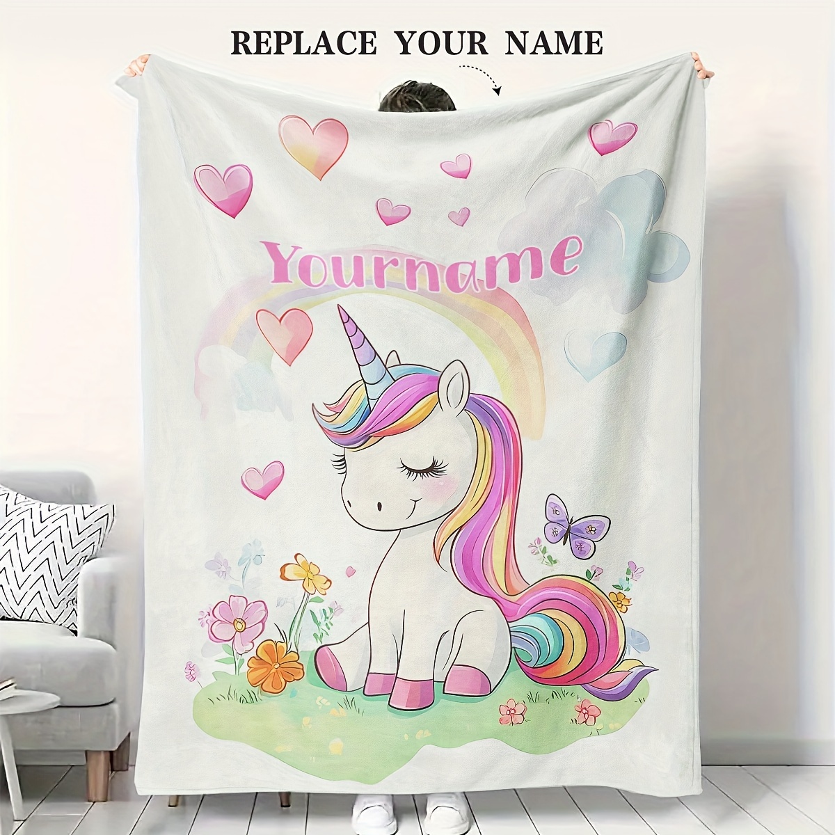 

Unicorn Customization 1pc Name Personalized Blanket - Knit For Sofa, Bed - Unique Name , Rectangle, , Multiple