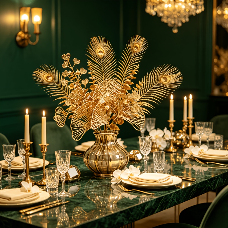 TEMU 11pcs Light Luxury Feather Artificial Floral Arrangement Set - No Maintenance Required, Suitable For Living Room, New Year, Christmas, Party