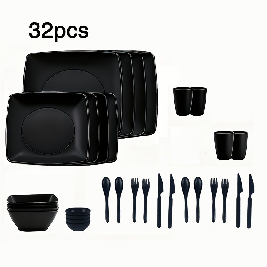TEMU 48or32pcs Square Tableware Set Daily Use Plates Bowls Cups Forks Spoons And Sauce Dish Set Made Of Pp Material Dishwasher Safe Black Square