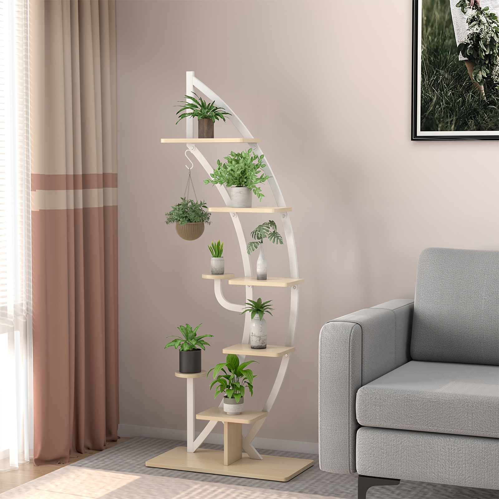 TEMU Étagère à Fleurs Métallique de 6 Niveaux avec 2 Petites Étagères & Crochet Supérieur, Étagère pour Plantes Antiroulement pour Jardin, Balcon et