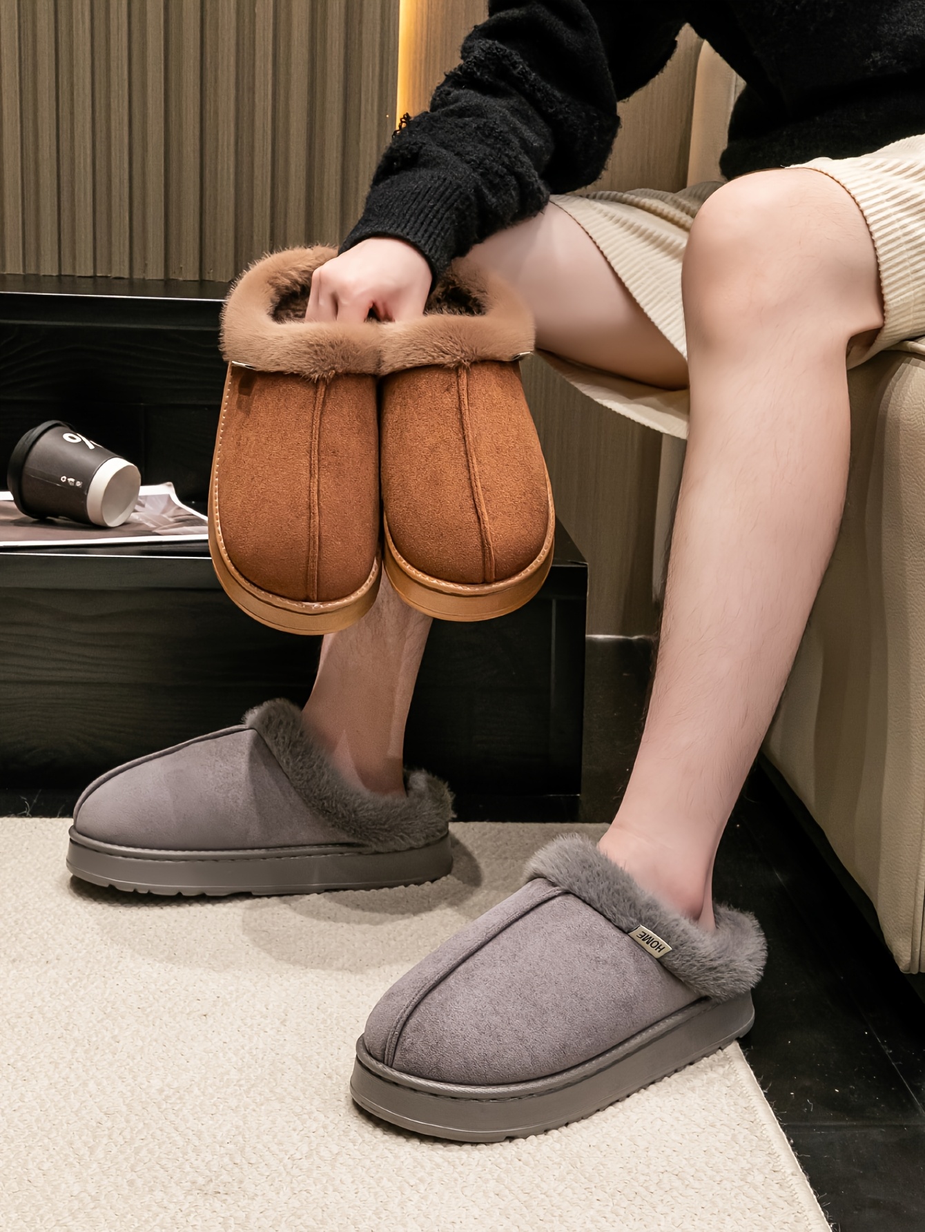 1 par de pantuflas de felpa acogedoras para hombre,   gruesa antideslizante de felpa   de invierno, calzado casual de moda de color   para interiores/exteriores, estilo minimalista, punta redonda, parte    ,   de eva, forro y plantilla de tela. detalles 1