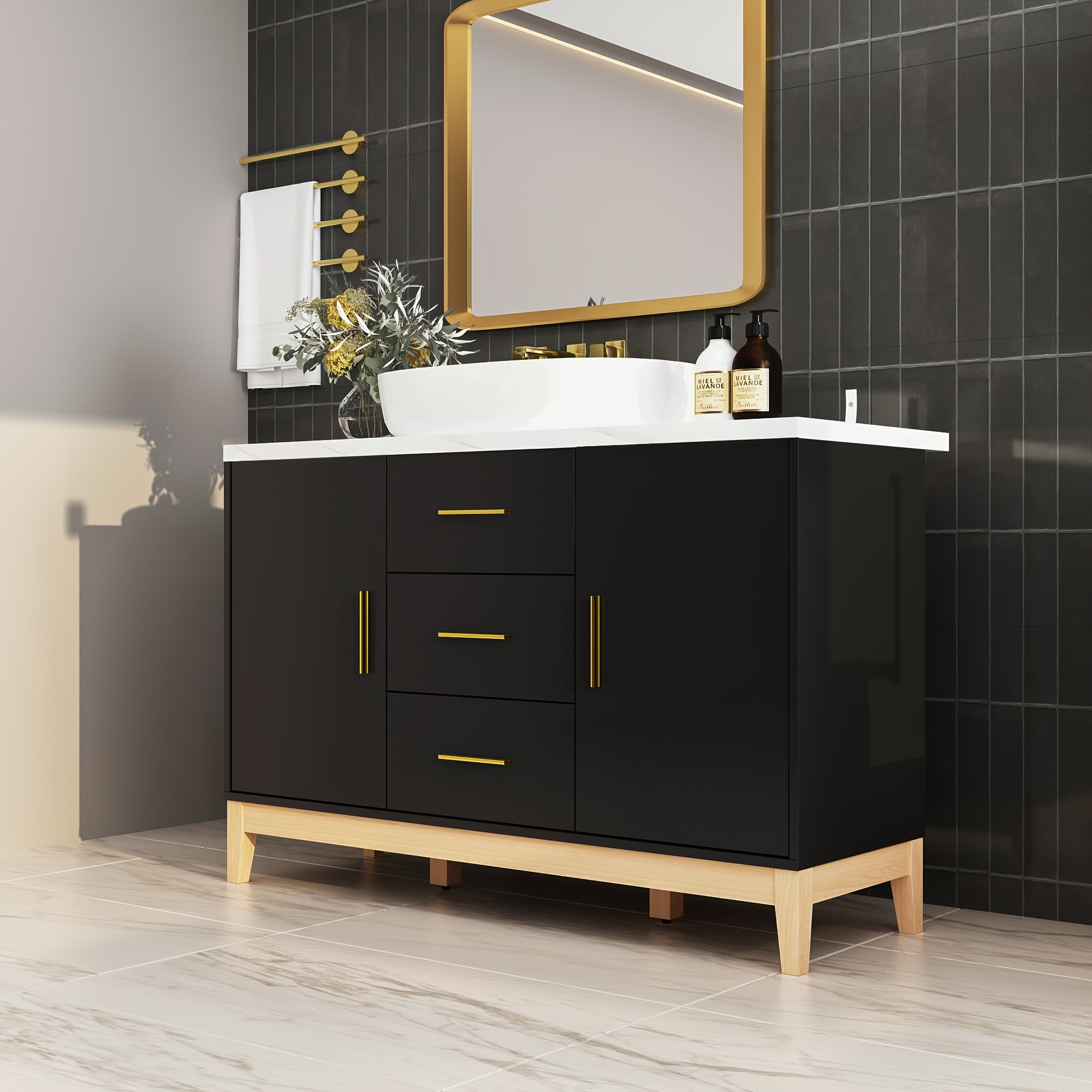 

1set Freestanding Single Bathroom Vanity, Bathroom Vanity With Integrated Storage, Wooden Construction, Black/gold Top