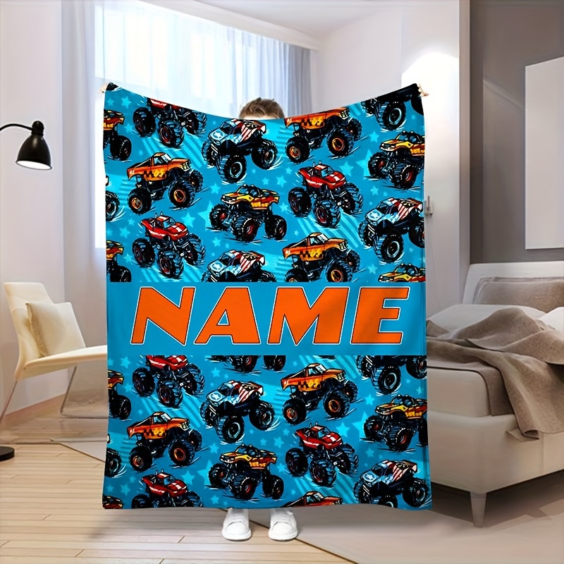 

1pc Customizable Name Monsters Trucks Pattern Flannel Blanket, Contemporary Style, , Machine Washable, Polyester, Bedding, 200-250g Square