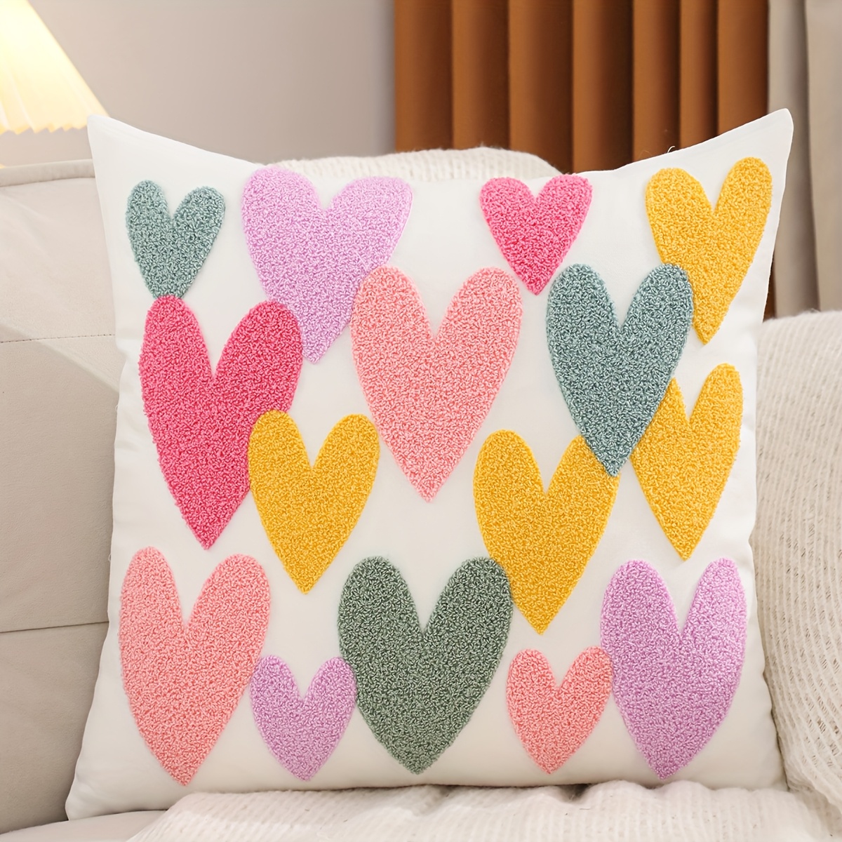 Image of 1pc Vibrant Rainbow Heart Canvas Pillow Cover - Pink, Colorful , Zip Closure, Hand Wash Only, Perfect For Living Room & Bedroom Decor, Sparkling Decor|hand Washable Cover, Rainbow Decor