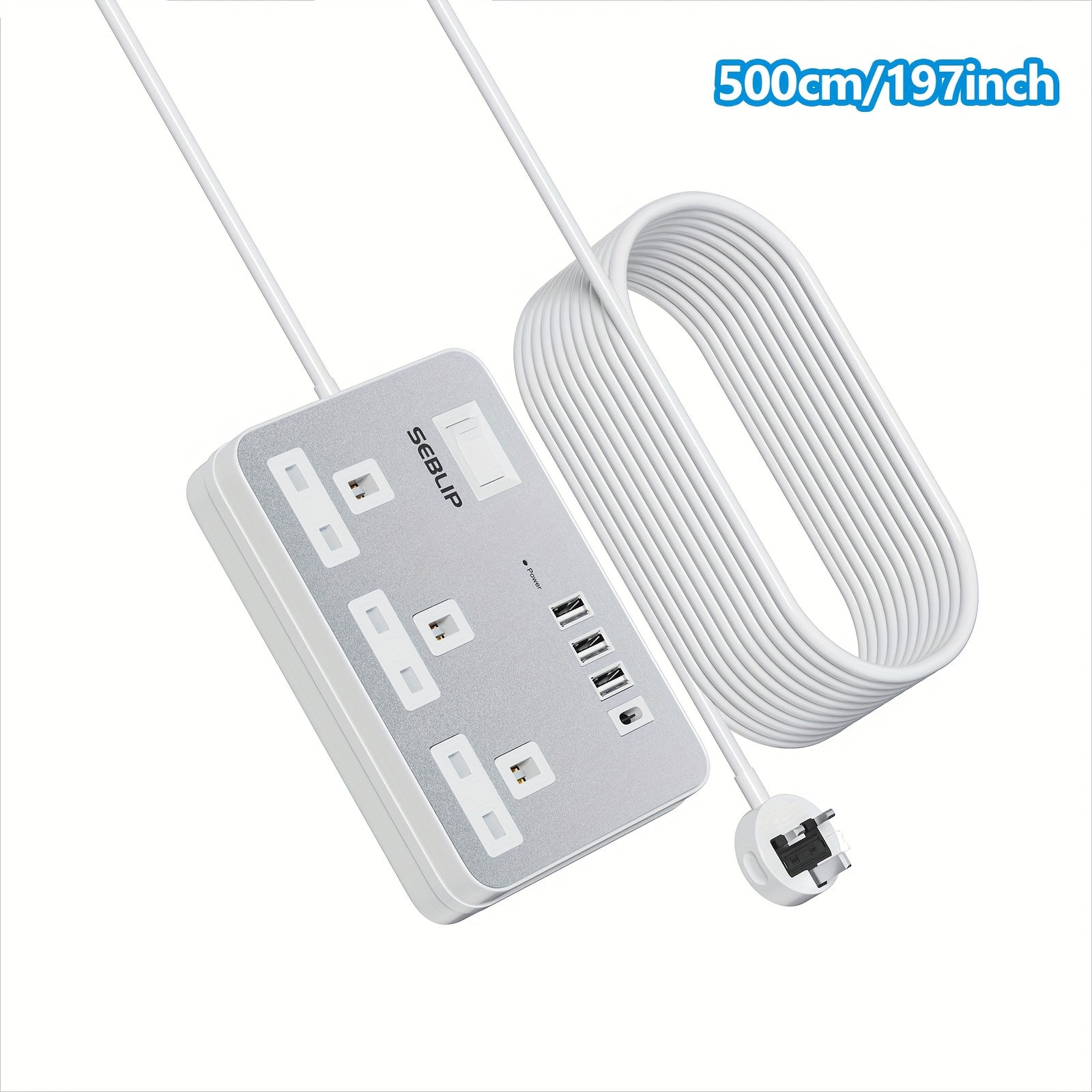 TEMU Uk 7in 1 Power Socket Extension Cord, 1/1.8/3/5m Extension Lead 3 Ac Outlets Adapter Power Strip Extension Cord, 1 Key Switch Control, Wall