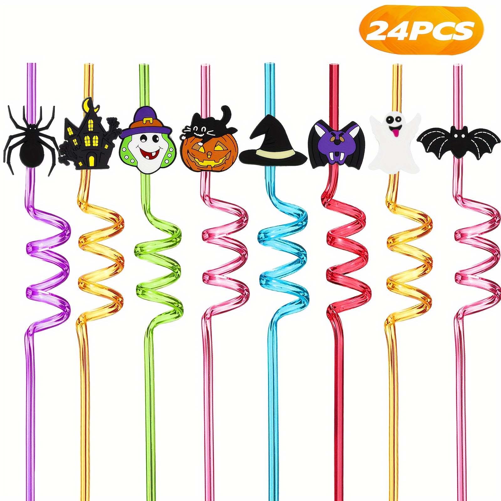 

24-piece Themed Reusable Spiral Straws: 8 Designs, 6 Colors, Non-toxic, Bpa-free, Perfect For Parties And Decorations