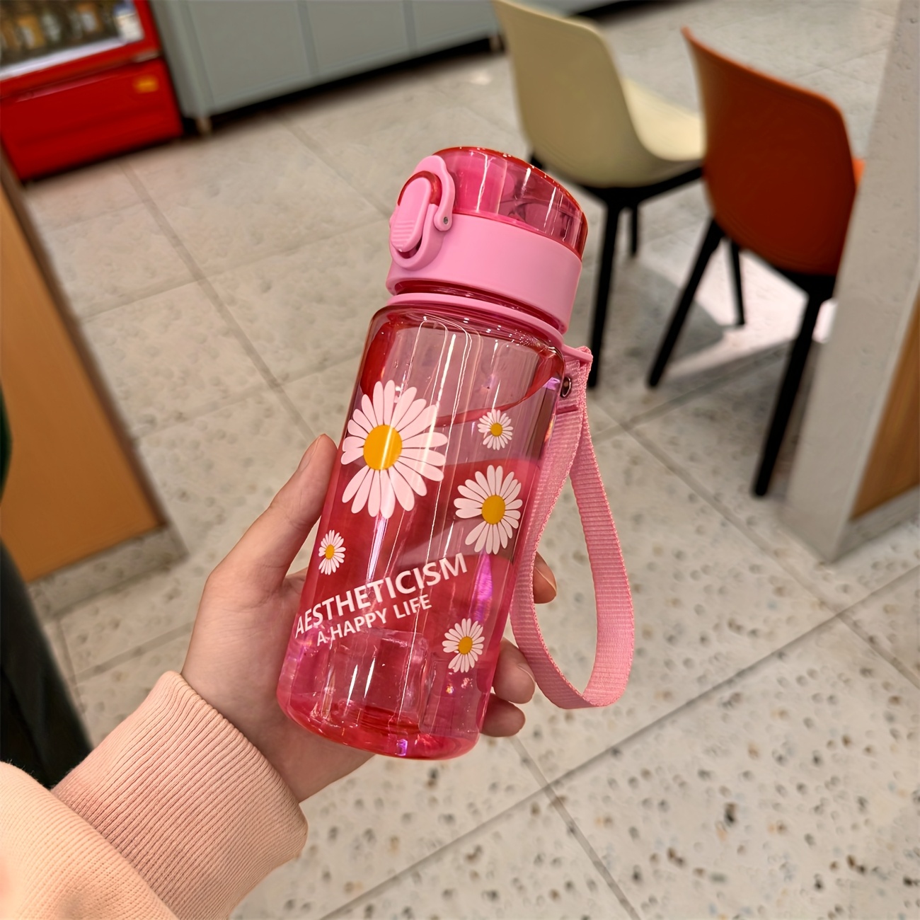 400ml Daisy Print Water Cup Transparent Plastic Cup Portable Cup With Handle High Cup Outdoor Cup