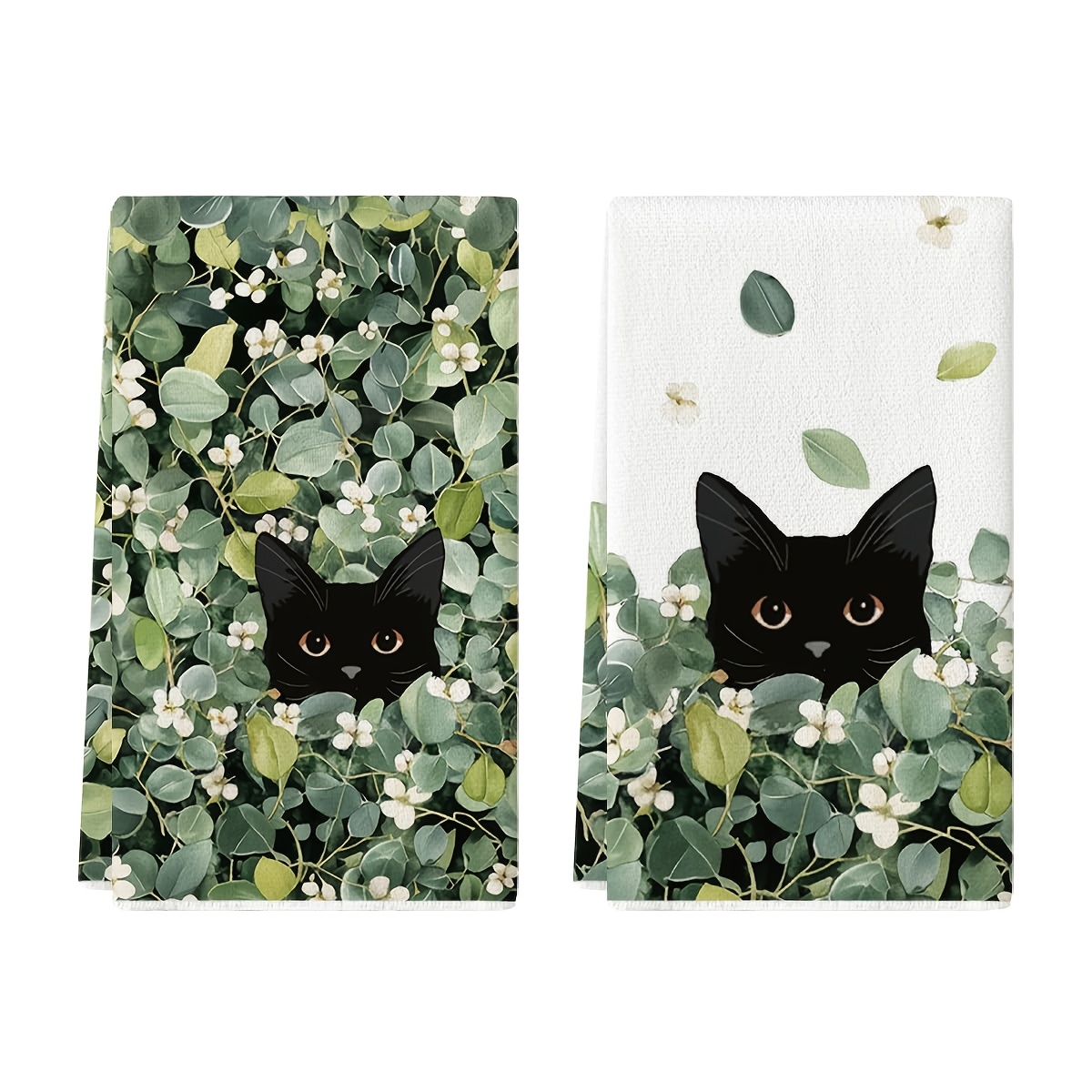 TEMU 2枚組 緑の葉と野生の花＆黒猫のキッチンタオル 食器乾燥・ハンドタオル・ファームハウス装飾に最適 - ルリーフ＆野生の花プリントに黒猫 手洗い可能な布巾 ー ギフト用