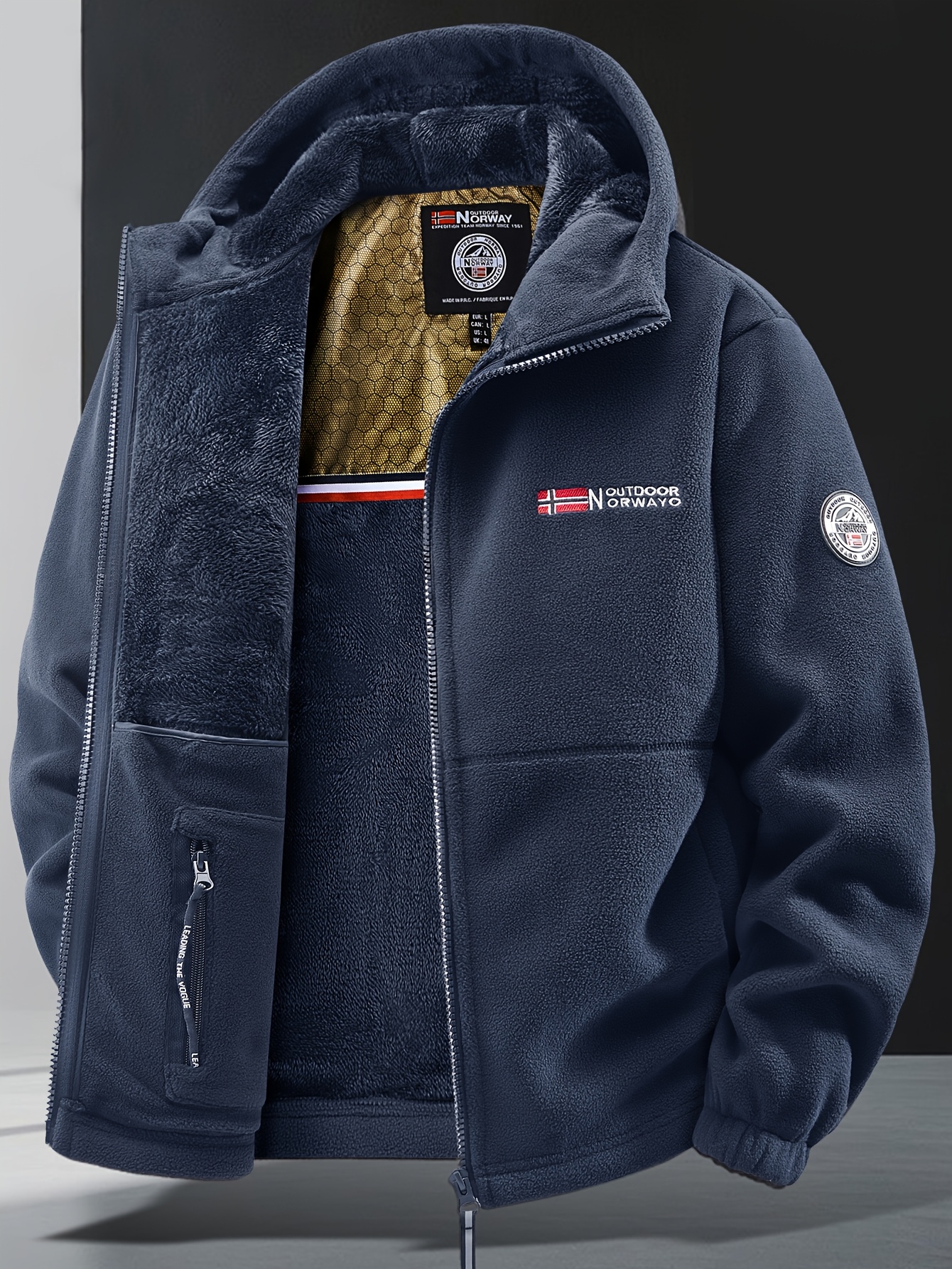 Men S Winter Warm Fleece Hooded Jacket with Embroidered Lettering, Zipper Closure, Hooded Casual Windproof Coat for Cold Weather, Versatile Style for Casual Attire, Polyester Lined Interior