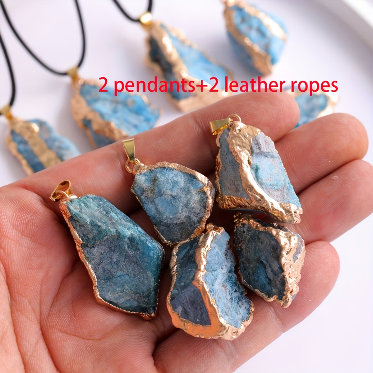 TEMU Set da 4 pezzi (2 ciondoli e 2 cordini in pelle ) Set di ciondoli in con di fosforo blu, ciondolo regolare con bordo , collana in pietra grezza,