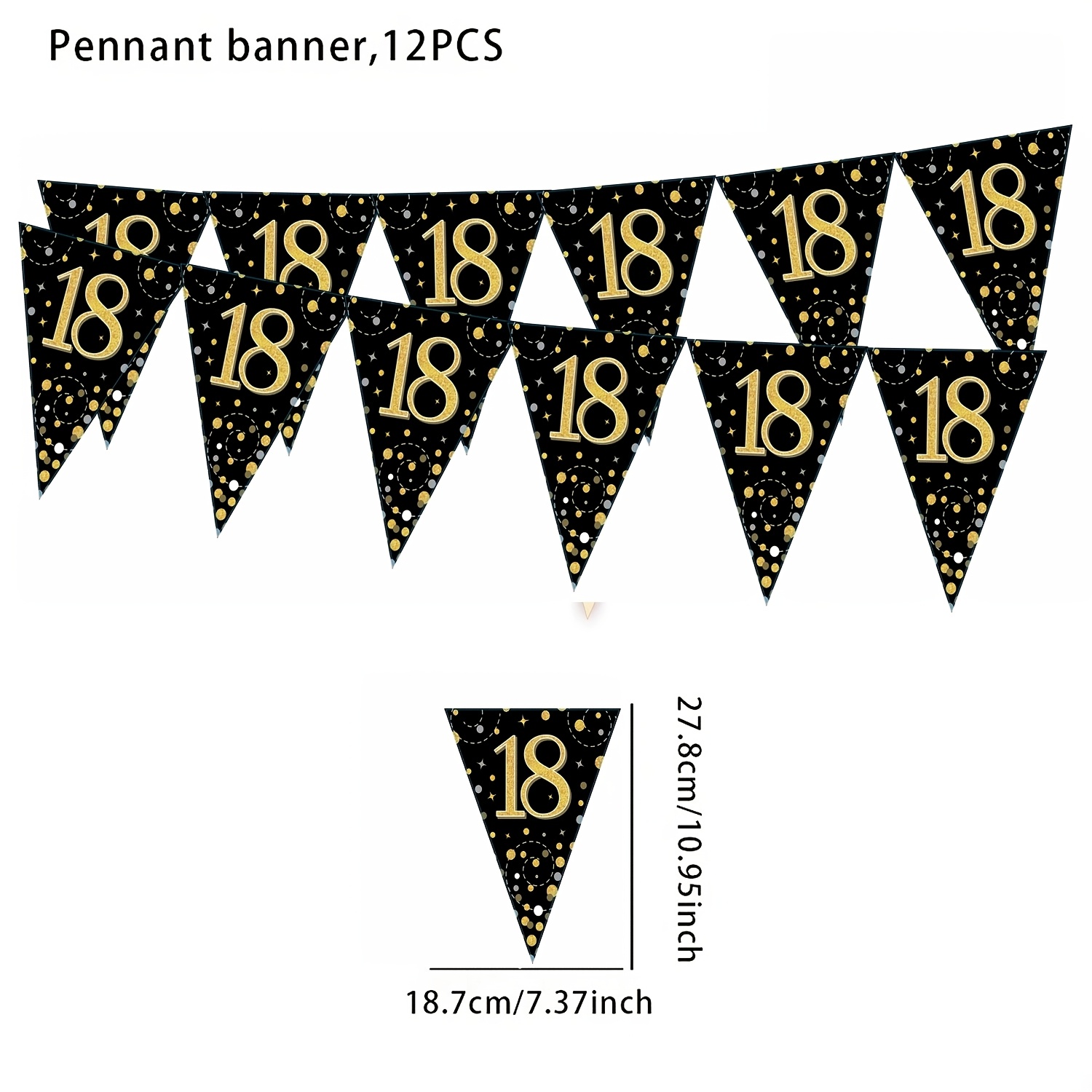 Image of 12pcs 18th Birthday Party Decoration Triangle Flag, Black And Golden 18th Year Banner Triangle Flag Party Accessories, Suitable For 18th Birthday Wedding Anniversary Party Decoration Supplies
