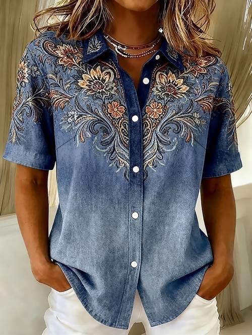 retro american floral print womens short sleeve blouse open front top