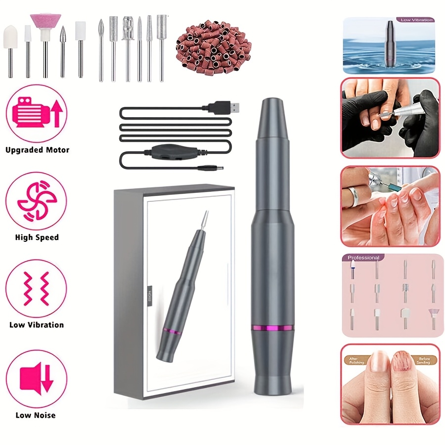 

1 Set Professional Electric Nail File And Drill Kit, Manicure Pedicure Tool With Metal Bits And Sanding Bands, Low Vibration And Noise For Acrylic Gel Nails, Home And Salon Use