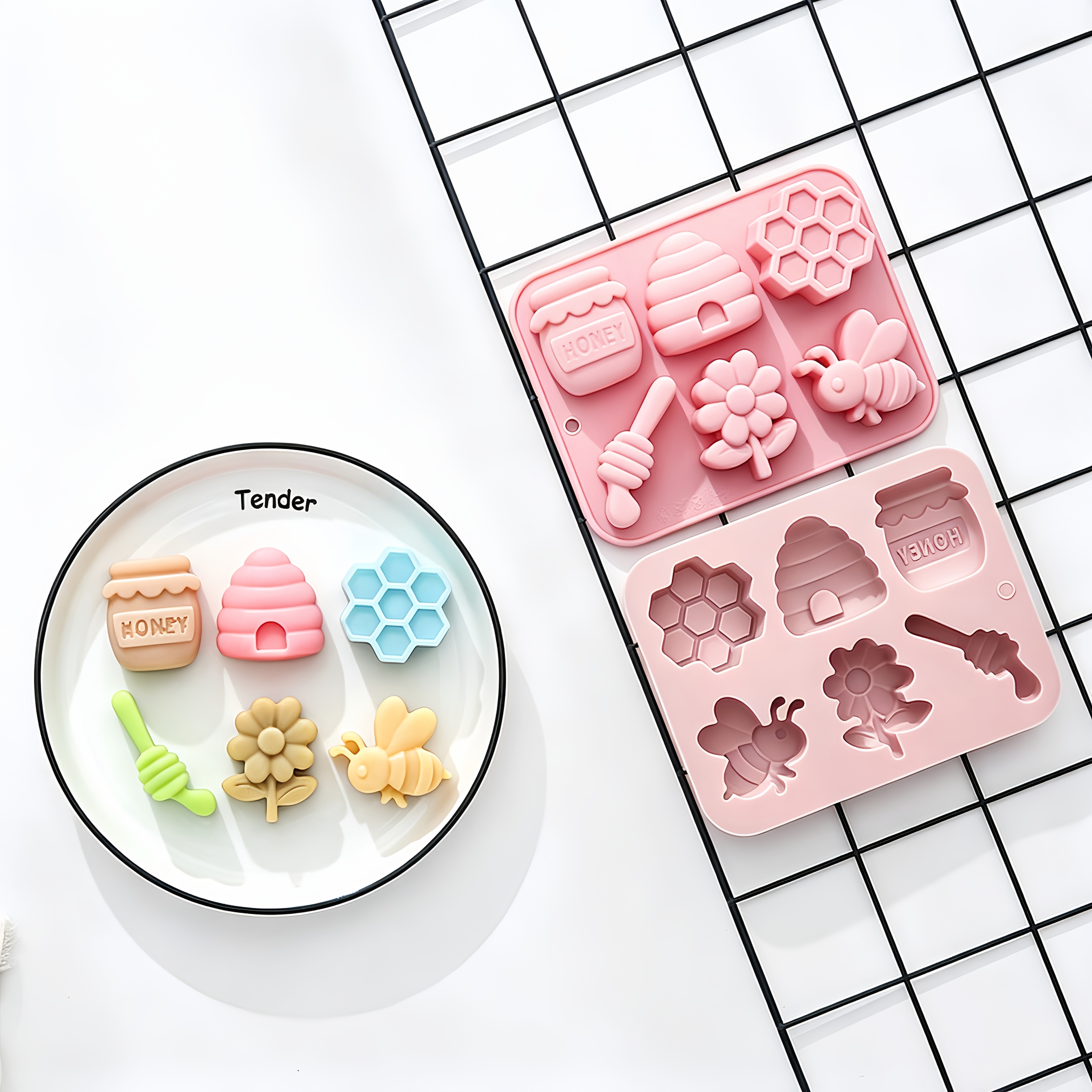 TEMU Moules en silicone à 6 cavités d'abeille avec 6 de miel, et fleur, moules de cuisson de qualité alimentaire pour chocolat, bonbons et savon