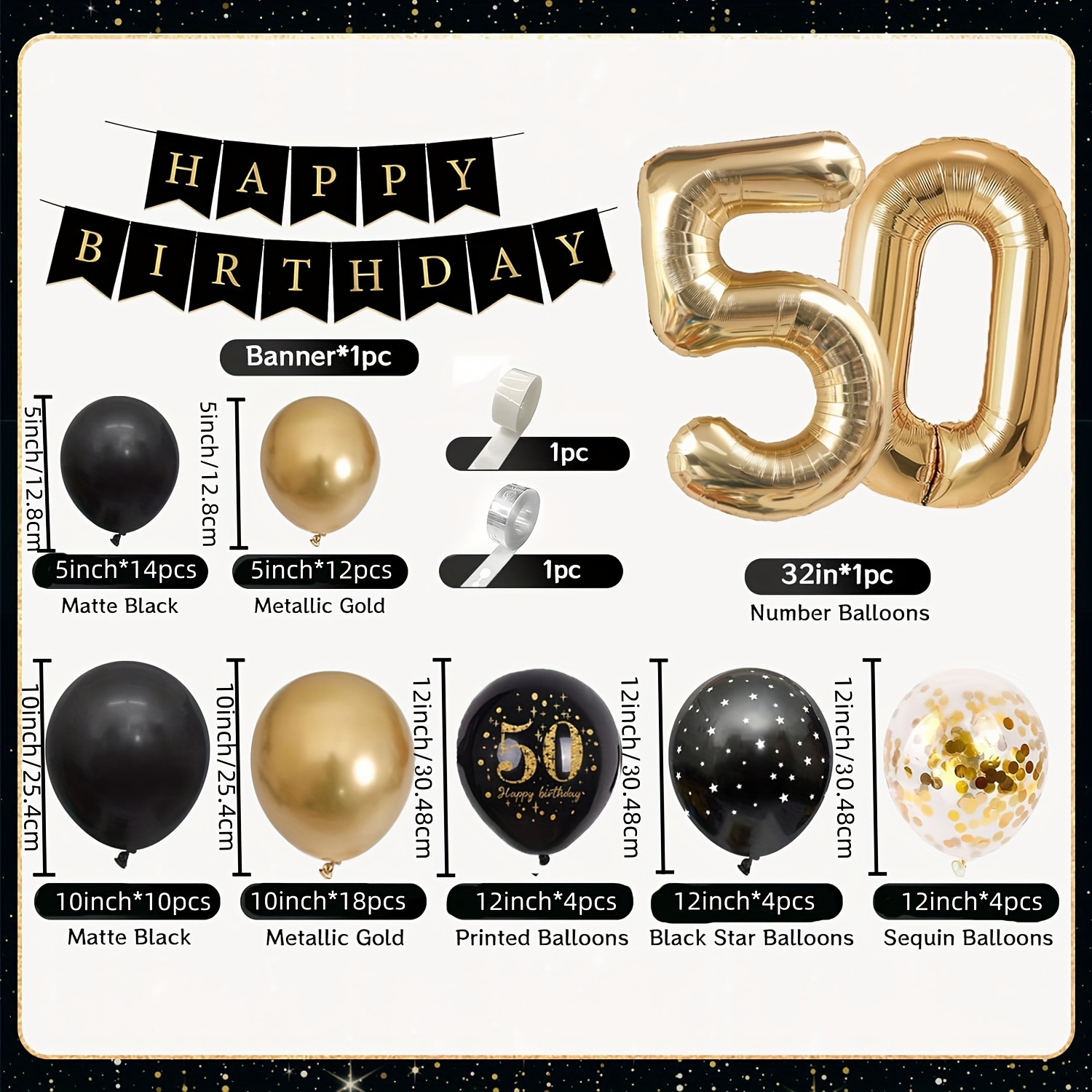 Ballons Décoration 50 Ans Anniversaire,Noir Décoration Gâteau