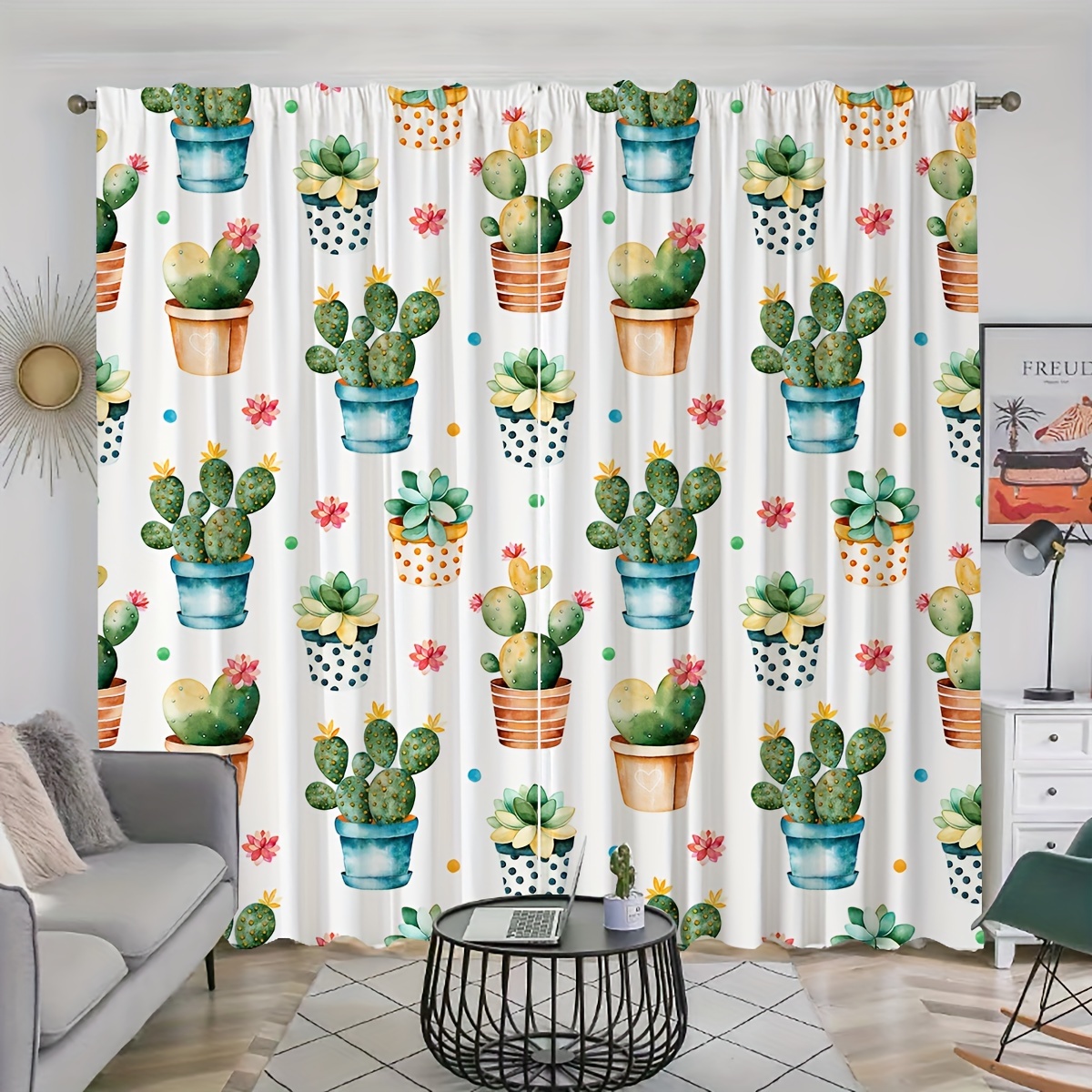 

2pcs, Potted Printed Curtains With Cactus And Succulent Plants, Rod Pocket Curtain, Suitable For Restaurants, Public Places, Living Rooms, Bedrooms, Offices, Study Rooms, Home Decoration