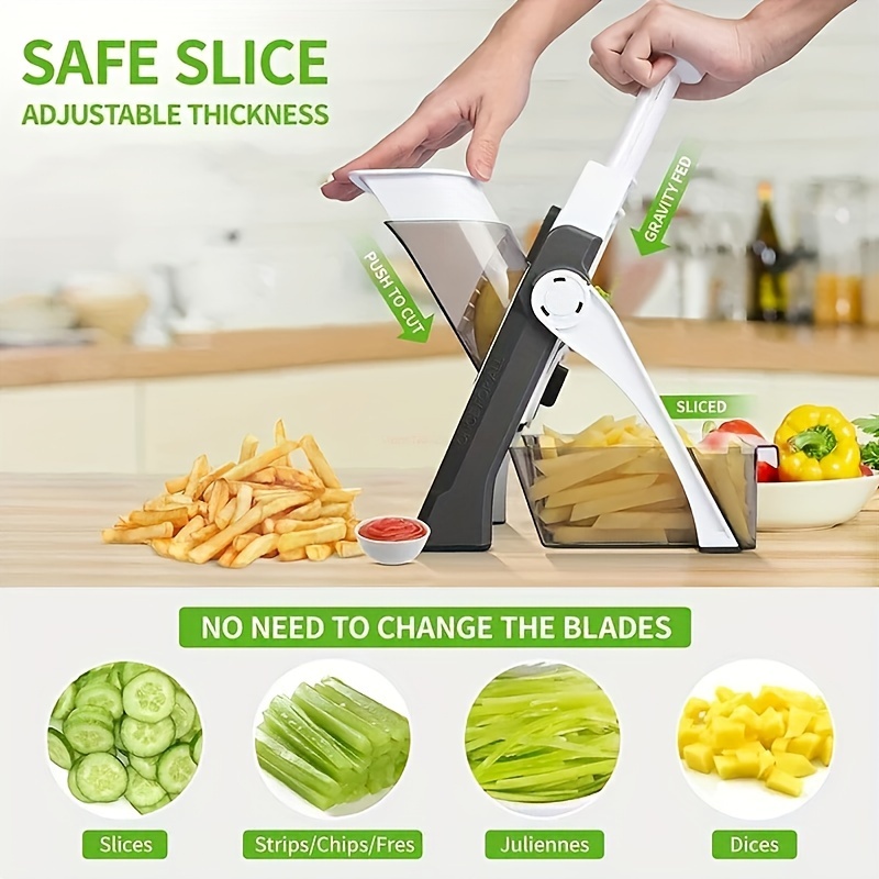 multi function manual vegetable chopper and slicer stainless steel blade plastic mandoline cutter safe   kitchen gadget for chefs home with interchangeable blades for fruits vegetables potato chips onion dicer details 12