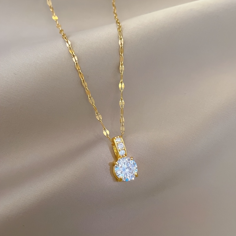 TEMU A Women' Steel Copper Micro-inlaid Synthetic Zirconia Pendant Necklace, Fashionable Adjustable Minimalist Chain Jewelry, Women's Fashion Jewelry