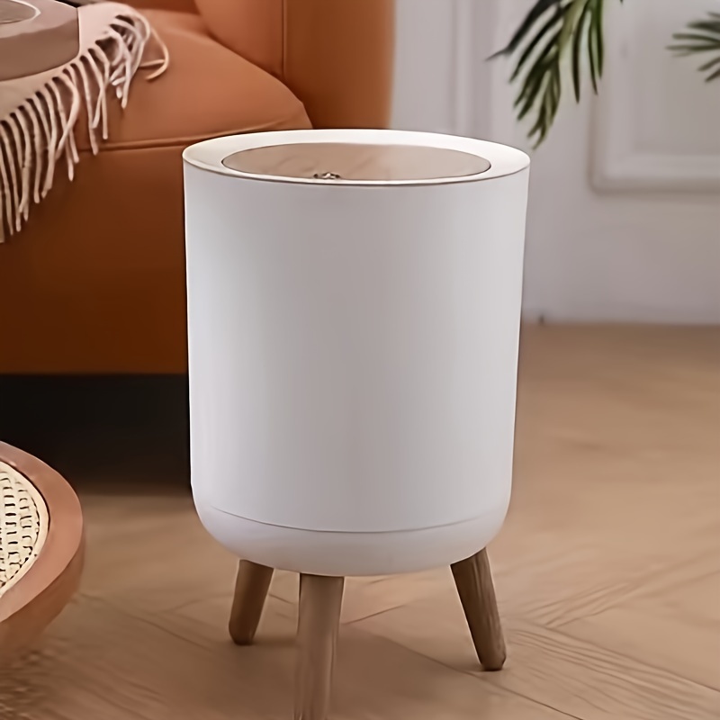 

Modern Oval Abs Trash Can With Lid, Press Top High-legged Wood Grain, No-electricity Needed, For Living Room, Bathroom, Kitchen, Style Storage Bin