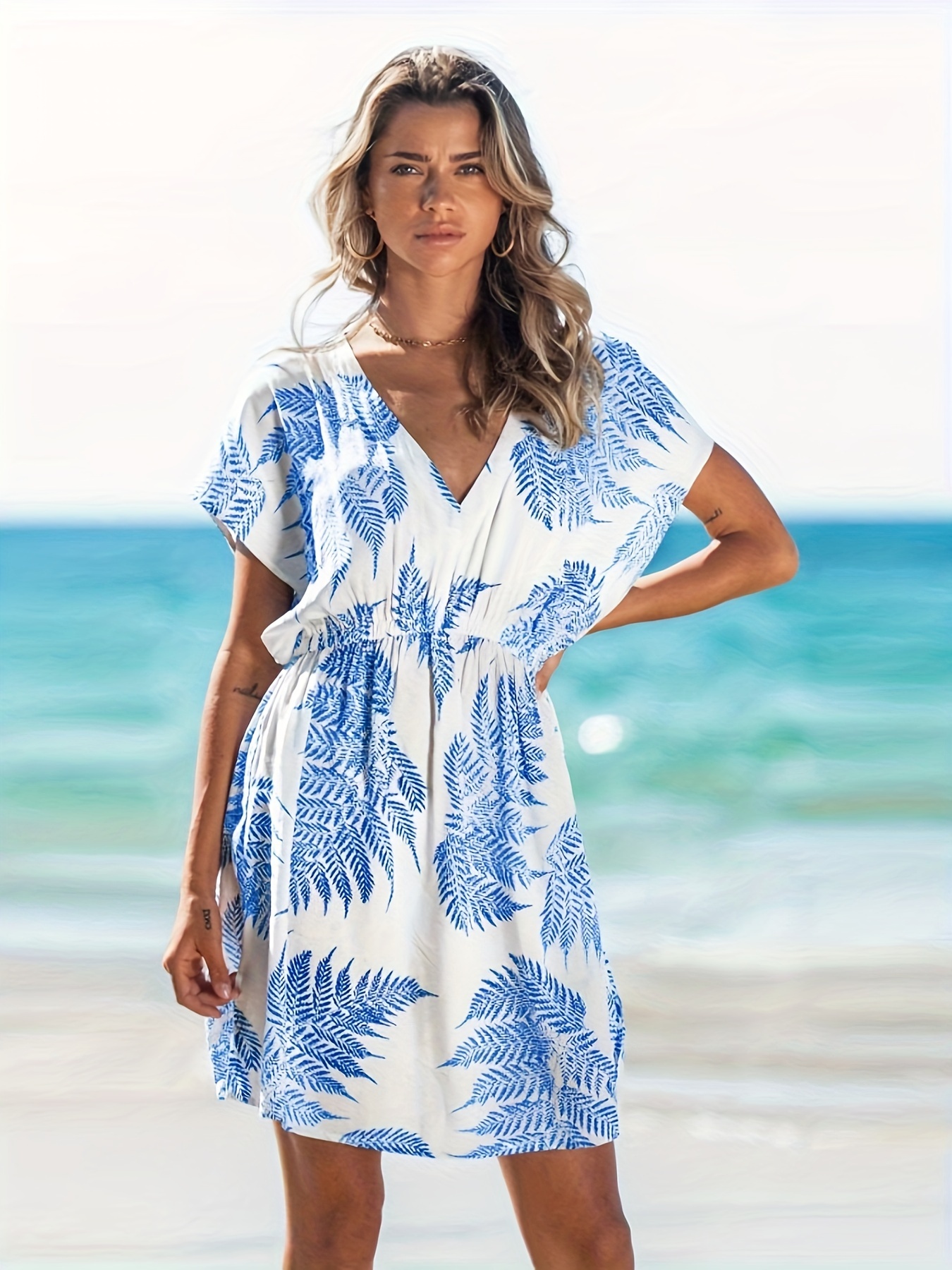 leaves print v neck aline dress vacation style short sleeve dress for spring summer womens clothing