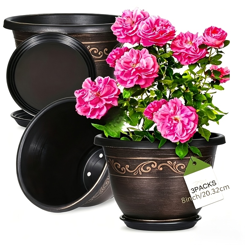 Image of 3-set Lightweight Retro Planter Set, 8 Inches (. 20.3 Cm), With Drainage Holes - Includes 3pcs Pots And 3pcs Trays, Indoor/outdoor Vintage Style Decorative Gardening Containers, Durable Pp Material