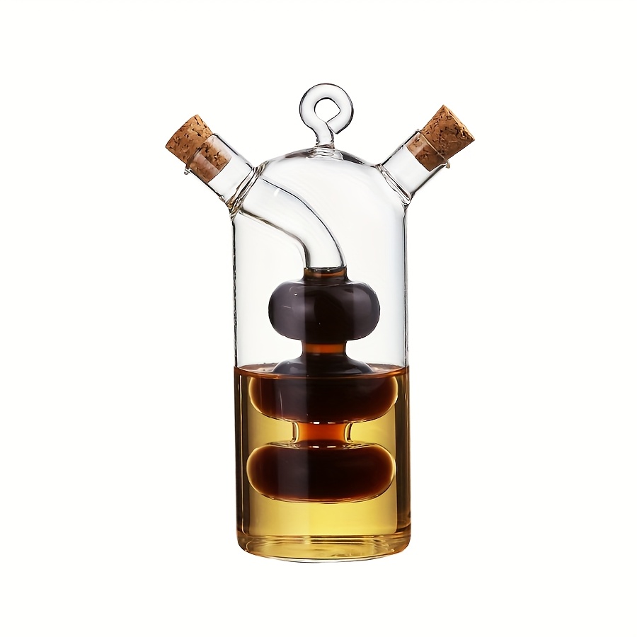 TEMU 1pc Cork 2-in-1 Oil And Vinegar Dispenser, Kitchen Cooking Transparent Glass Olive Oil Bottle, Dual Nozzle Design Oil Dispenser, Capacity For 2