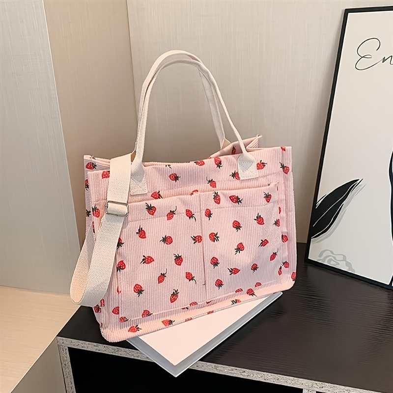 Cute Corduroy Strawberry Purse For Women - Crossbody Tote With Adjustable Strap & Multiple Pockets