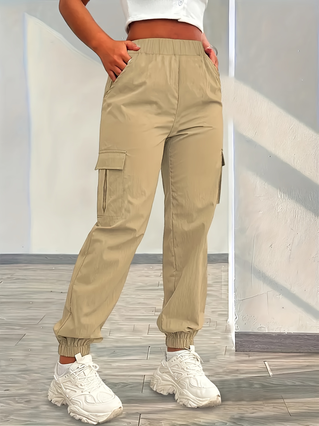 girls multi pocket cargo pants polyester casual jogger pants long pants with four pockets elastic waistband and elastic cuffs suitable for   multiple color options ideal for outdoor activities   outdoors  