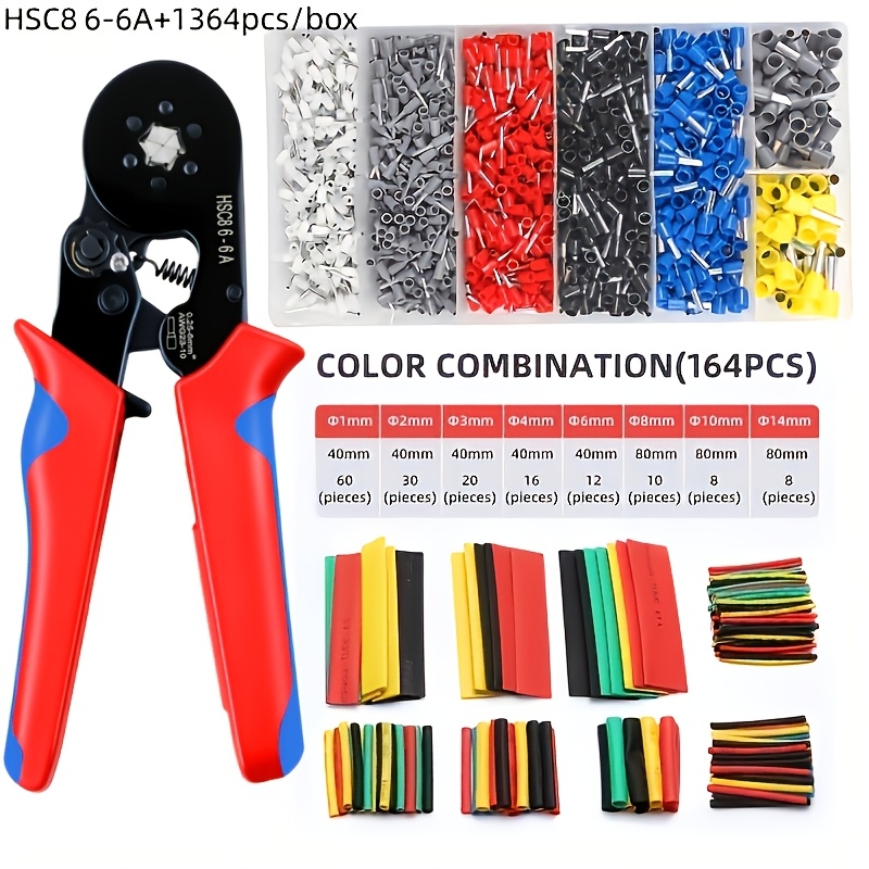 Image of 1364 Sets Of Hsc8 6-4a Crimping Tool Kits, Containing 1200 Insulated Wire Ferrules + 164 Heat Shrink Tubes, Crimping Pliers Suitable For 0.25 Square Millimeters