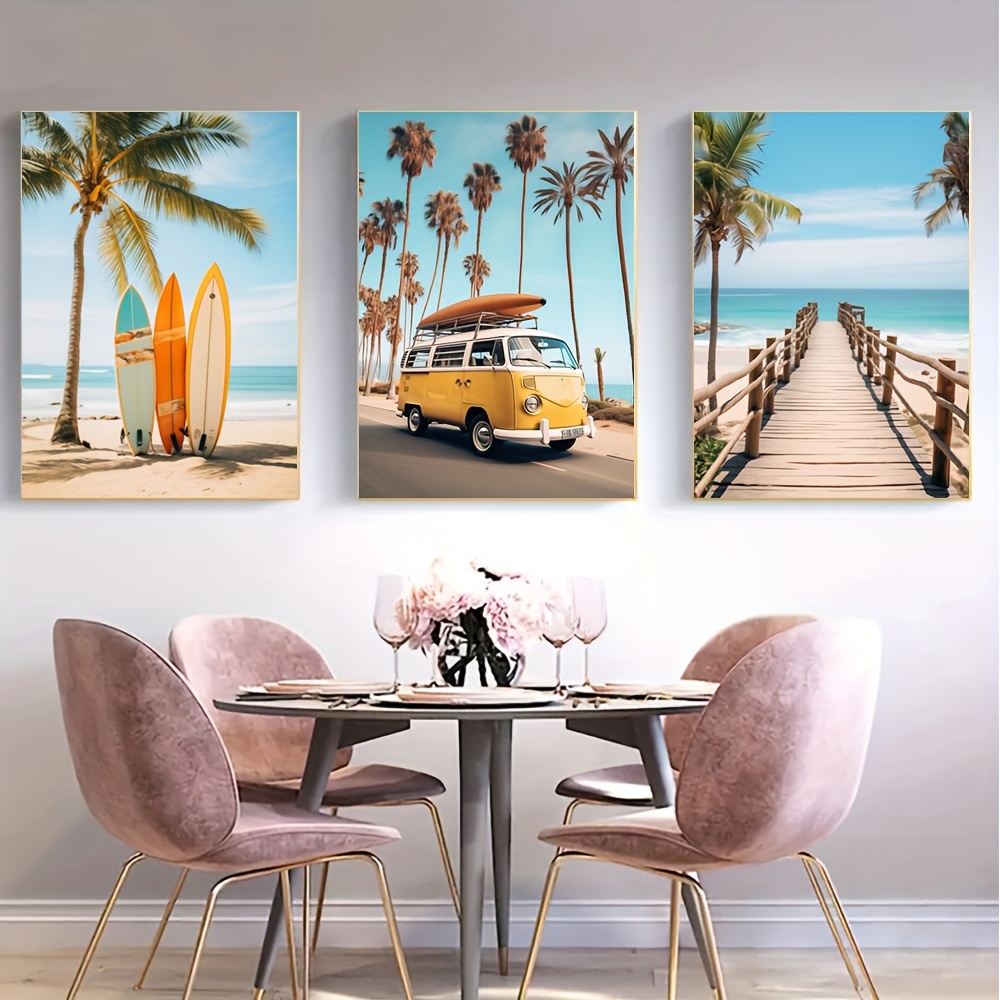 

3 Pieces Frameless Beach Surfing Wall Art Canvas Prints: Summer Travel Theme, Perfect Gift For Bedroom, Living Room, Or Corridor Decor - Reusable, Rectangular