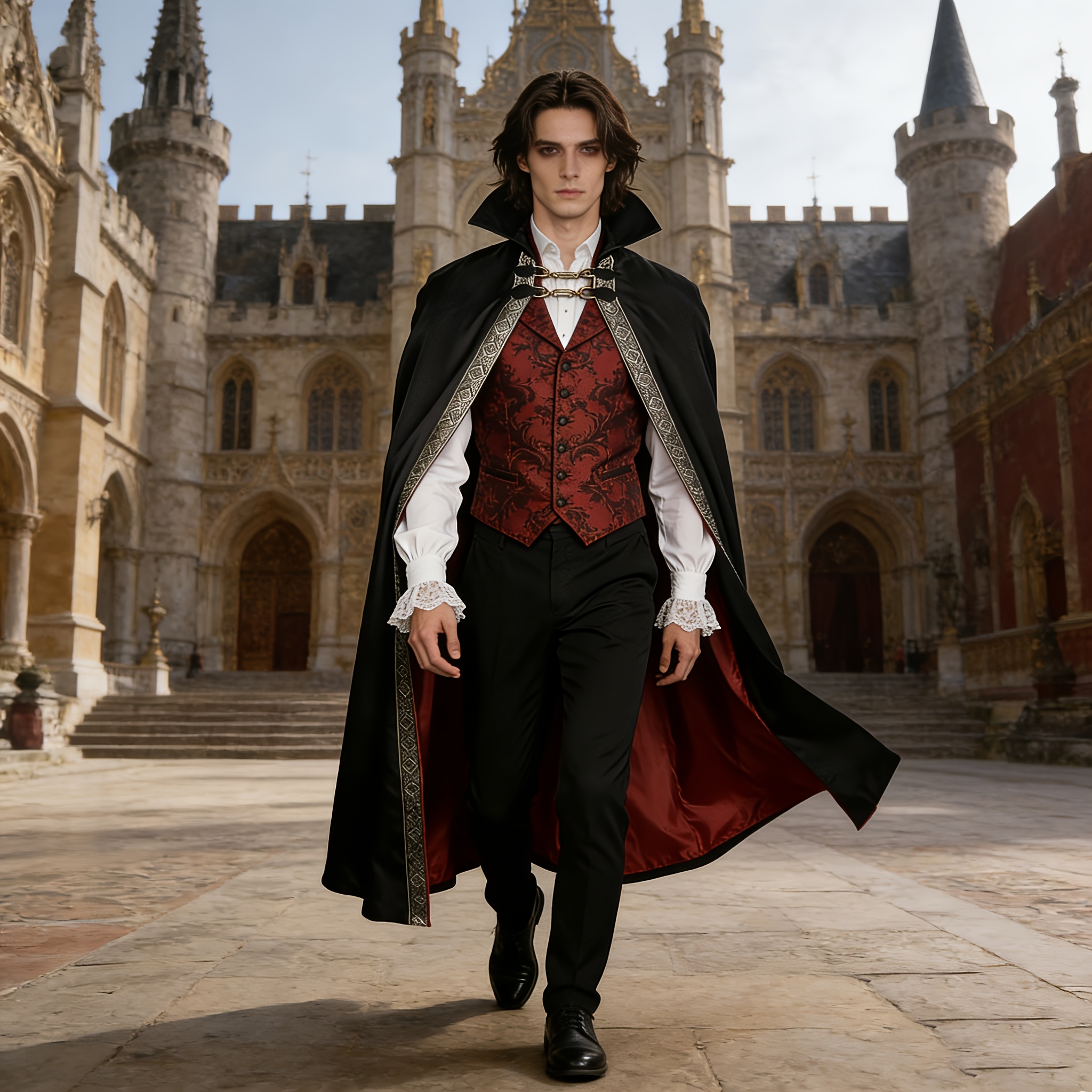 TEMU Halloween Vampire Cape For Men, Black Red Gothic Cloak With Embroidery Trim And Stand Collar, Adult Medieval Cosplay Costume For Halloween Party