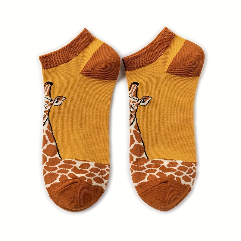 Fashionable Yellow And Brown Socks For Women Featuring A Cartoon Giraffe Pattern, Perfect For Casual Wear