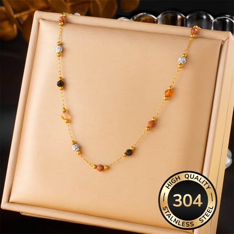 TEMU Vintage And Fashionable 304 Stainless Steel Bead Necklace With Autumn And Winter Style, Golden Fine Chain For Daily Matching, Clean And Soft