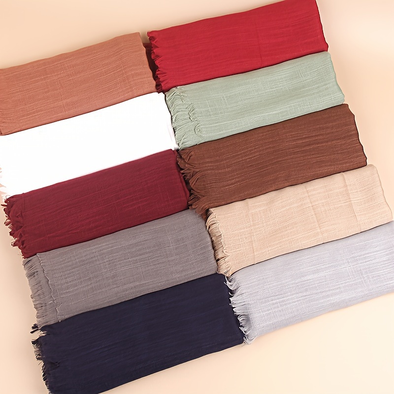 

1pc Solid Color Tassel Scarf Basic Thin Breathable Raw Hem Shawl Women's Simple Windproof Sunscreen Hijab