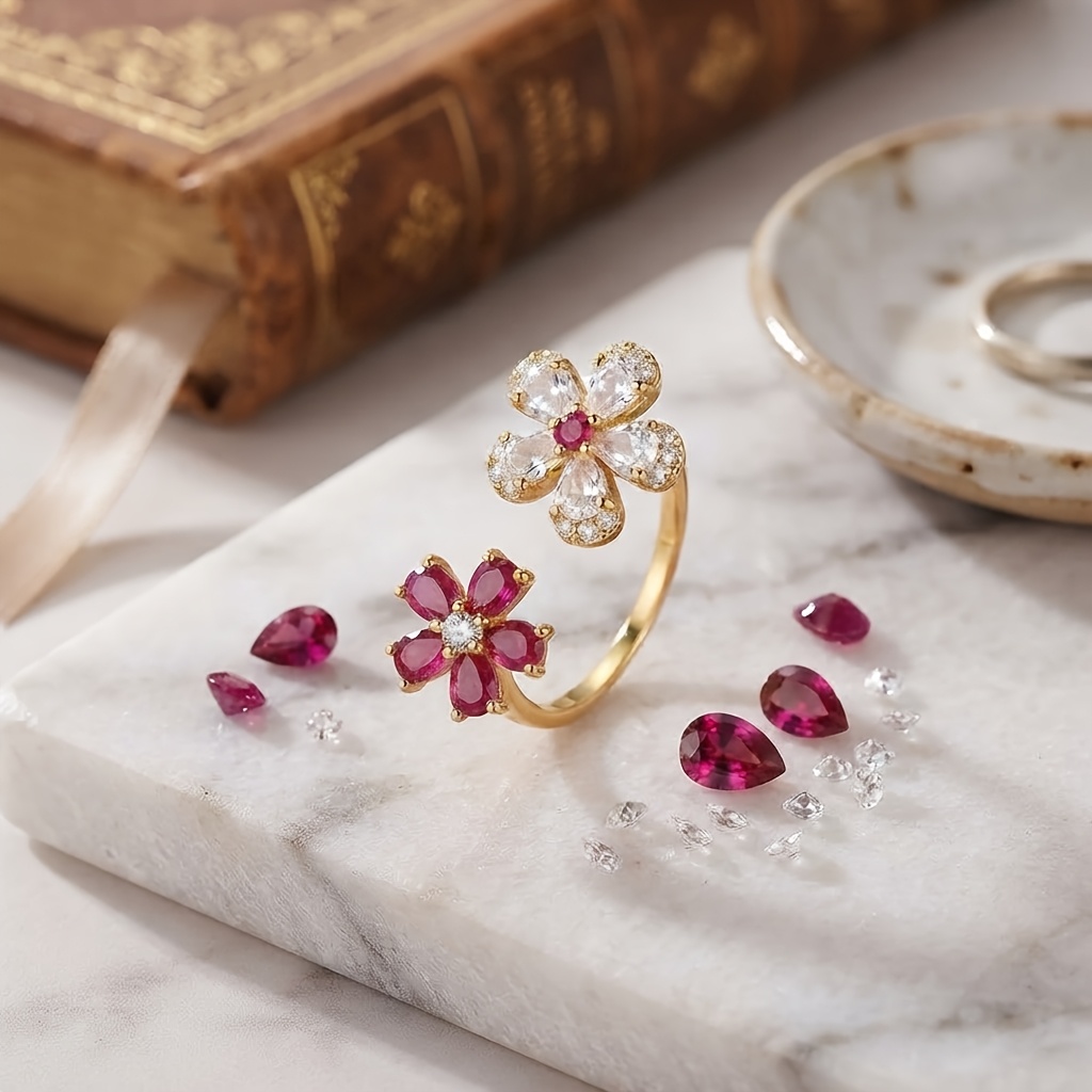 Women's Two-tone Flower CZ Adjustable Open Ring, Elegant Gift