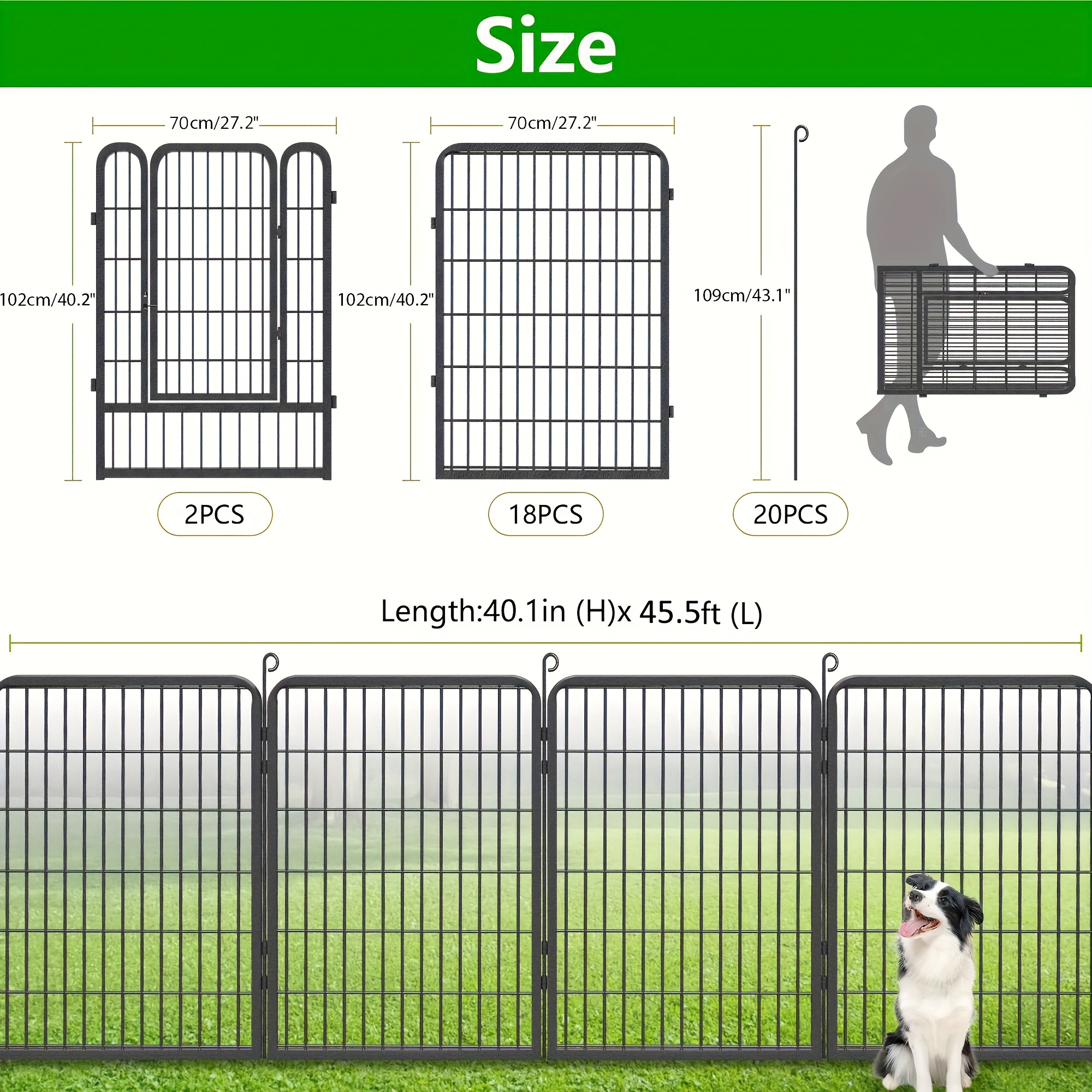 TEMU 40 Inch Durable Fence With Low Threshold Gate, Heavy Duty Iron Metal Border Fence Animal Barrier, Dog Fence For Yard Flower Bed Lawn Patio, ,