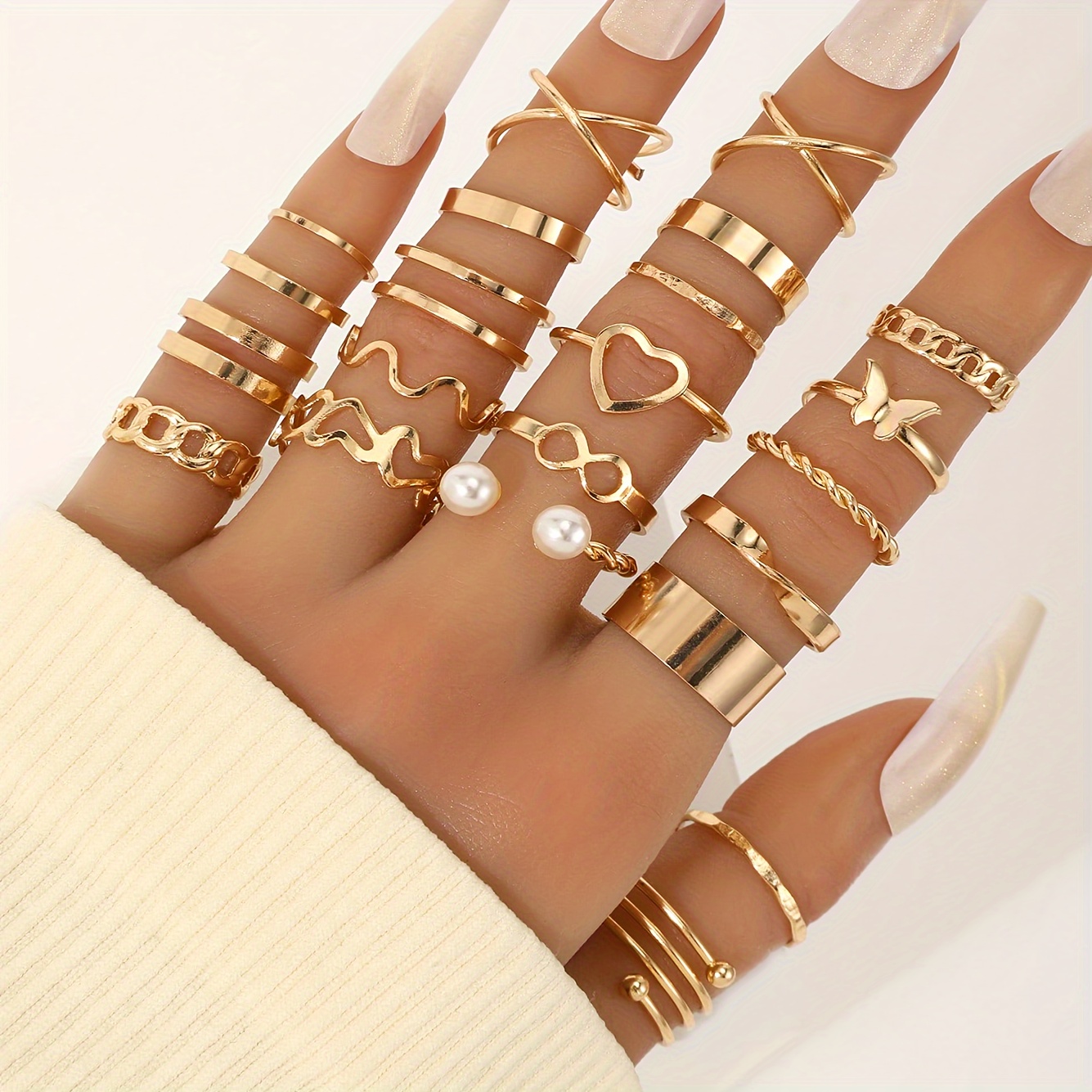 22-Piece Fashion Stackable Rings Set, Vintage Punk Style, Faux Pearl Inlays, Versatile for Daily Wear, Parties, Casual Vacation, Perfect Gift for Women, Zinc Alloy, Heart Theme, All-Season Accessory