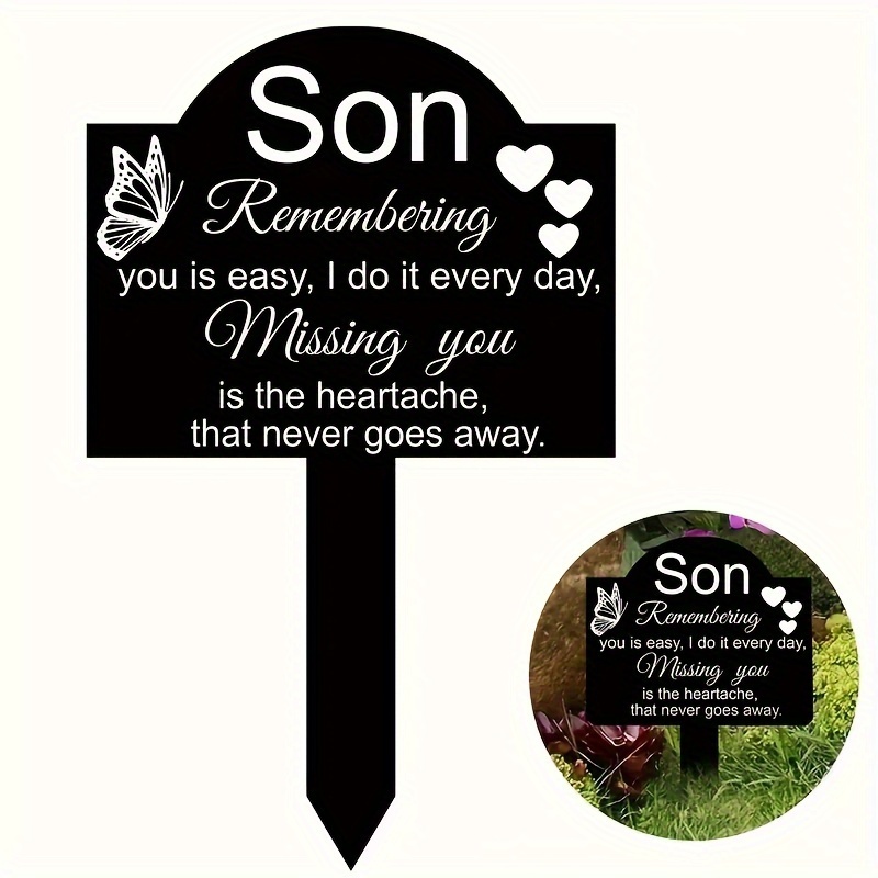 

1x Elegant Black Acrylic Memorial Garden Stake For Son - Message, Design With & Flower Decorations, Freestanding Cemetery Marker For Sympathy & Anniversary, Decorations