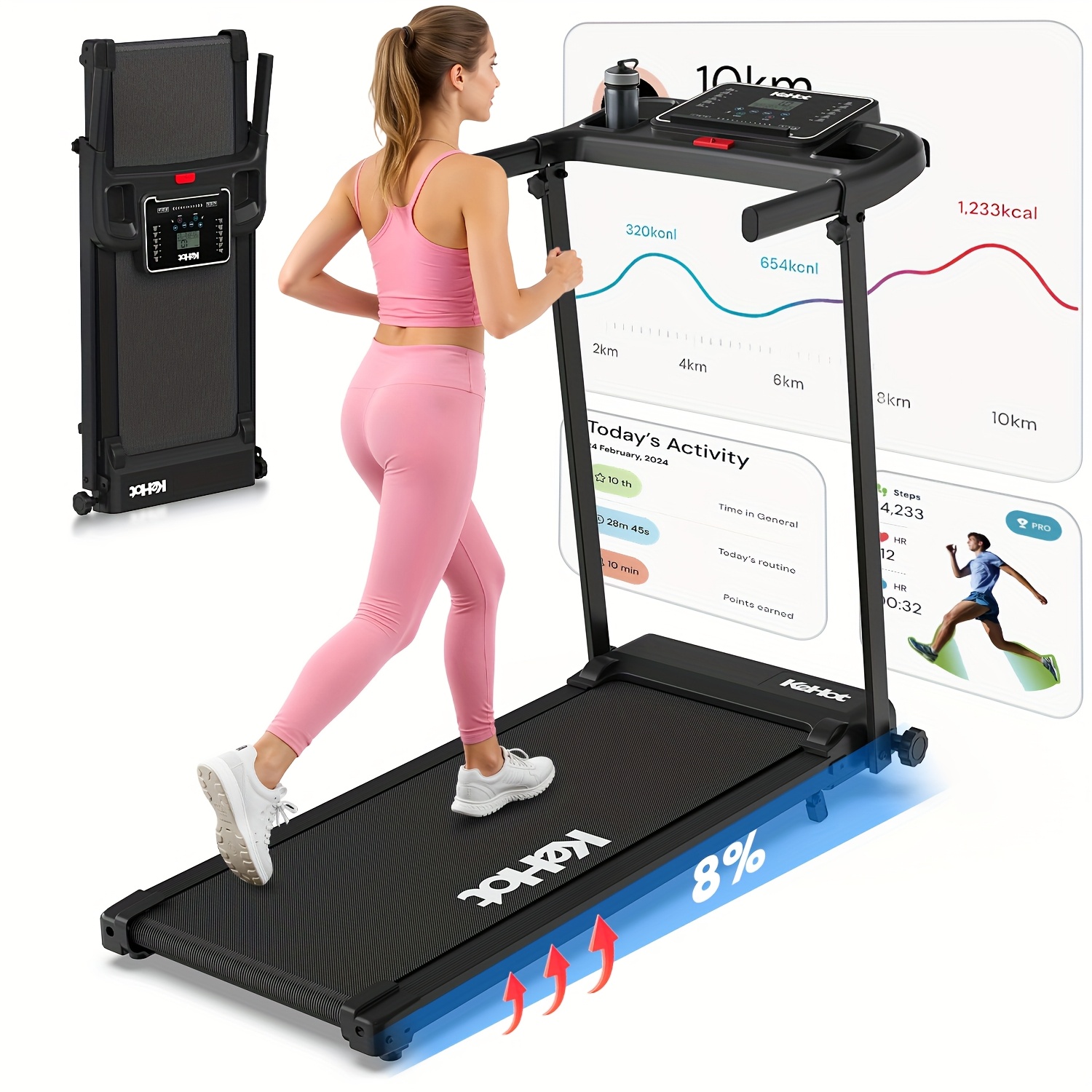 Folding Walk Pad With App Control 2.0hp Motor Speed, 8 Level Incline Compact Home Pad With Led Display And 12 Programs