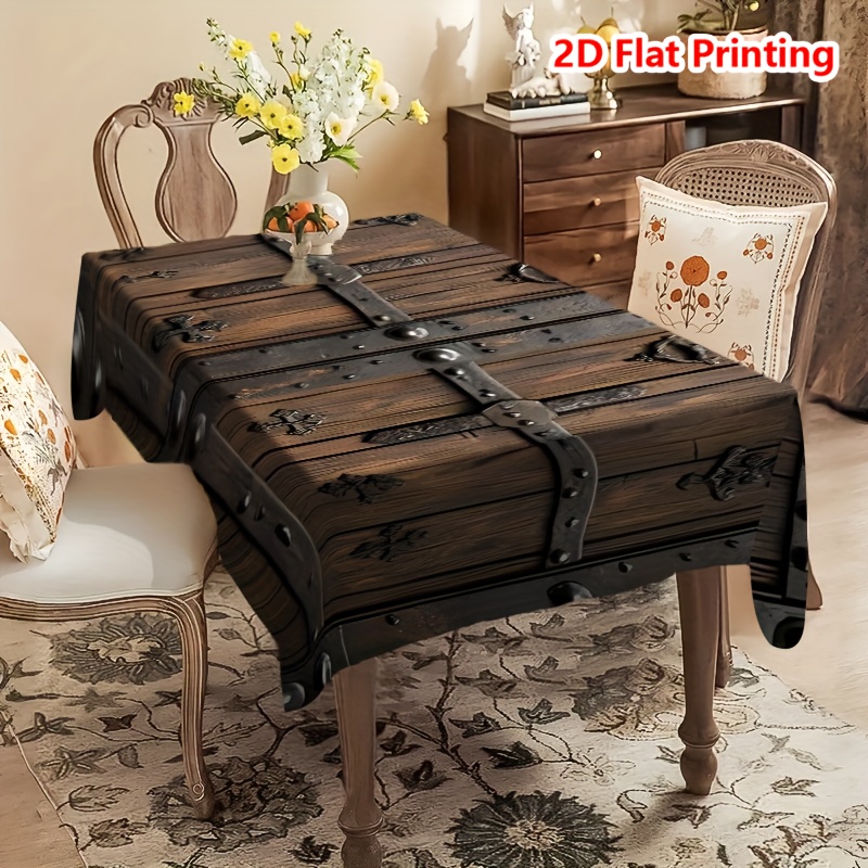 Image of 2d Flat, 1pc 2d Flat Print Simple Wood Grain And Vintage Steel Printed Tablecloth, Dining Table Decoration, Abstract Tablecloth For Picnics Or Holiday Parties, Room Decor Tablecloth, 2d Flat