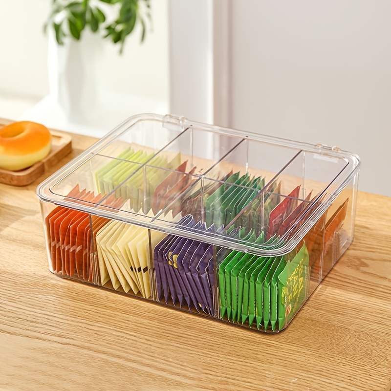 

Clear Plastic Organizer With Hinged Lid, 8-compartment Storage Box, Food-safe Tea Chest, For Kitchen Cabinet, Countertop, Pantry, Ideal For Tea, Spice Sachets, Condiments, Organization Basket