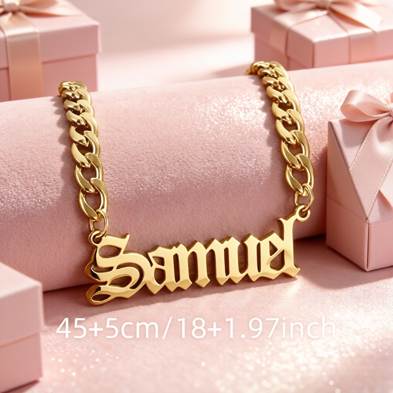 TEMU 1pc Custom Name Necklace Stainless Steel Personalized English Letter Name Pendant Adjustable Cuban Chain Jewelry With Customized Engraving Women