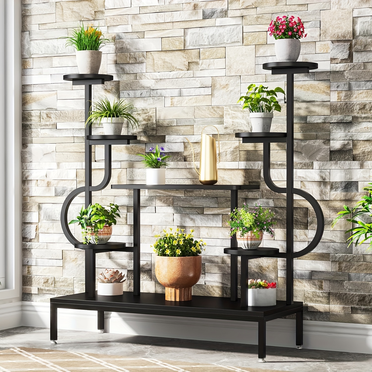

Little Tree 8-tier Metal Plant Stand, Tall Multi-plant Holder With Round & Square Shelves, Indoor Wood Ladder Flower Rack For Living Room, Patio, Balcony (black)